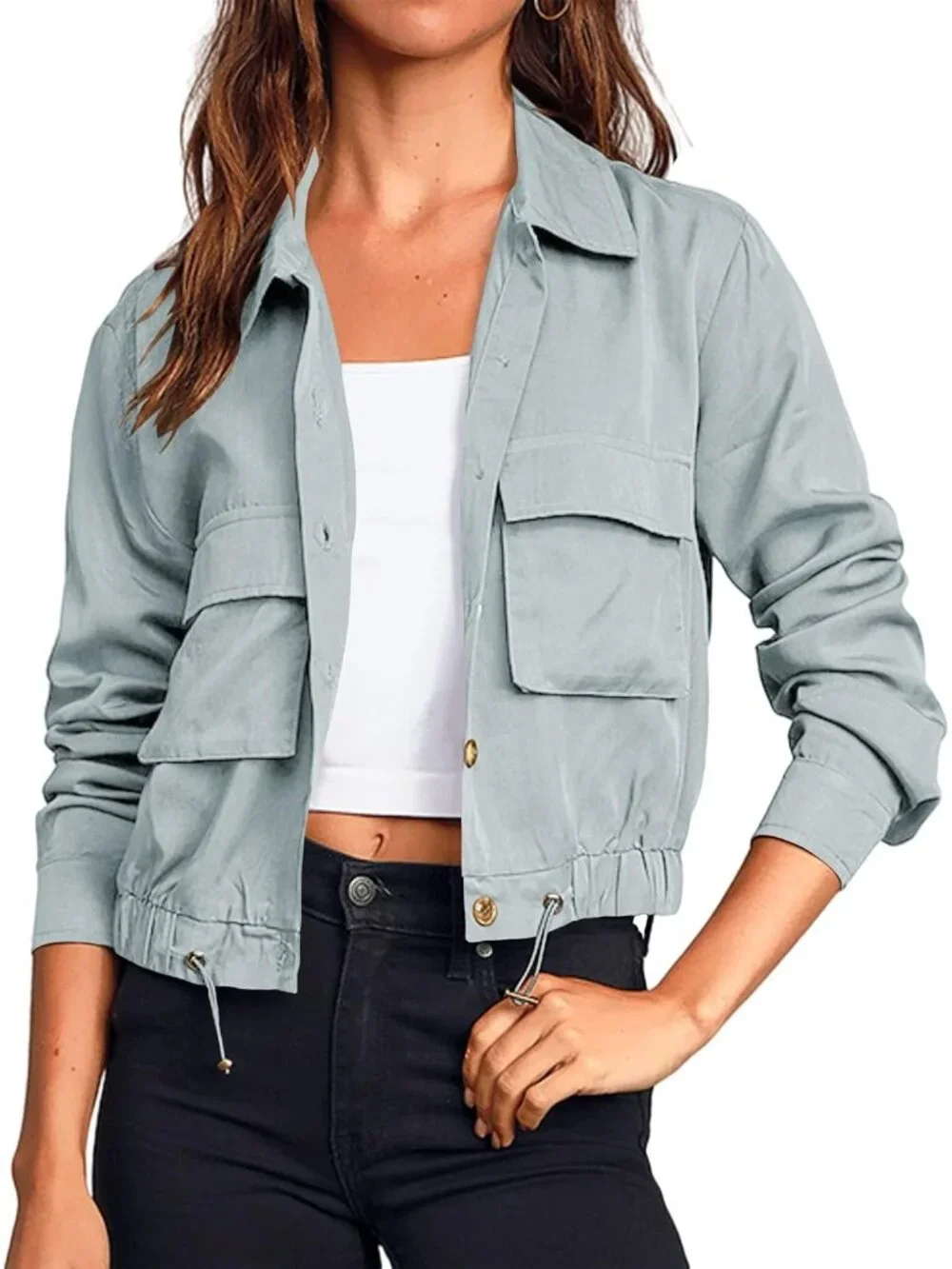〽️Women's Grey Blue Cropped Military Utility Jacket with Pockets